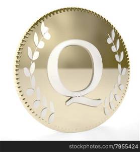 Golden coin with Q letter and laurel leaves, white background, 3d render, square image