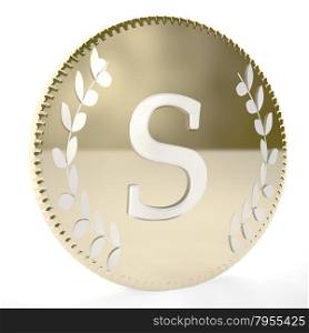 Golden coin with S letter and laurel leaves, white background, 3d render, square image