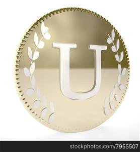 Golden coin with U letter and laurel leaves, white background, 3d render, square image