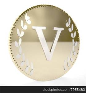 Golden coin with V letter and laurel leaves, white background, 3d render, square image