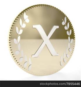 Golden coin with X letter and laurel leaves, white background, 3d render, square image