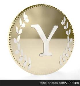 Golden coin with Y letter and laurel leaves, white background, 3d render, square image
