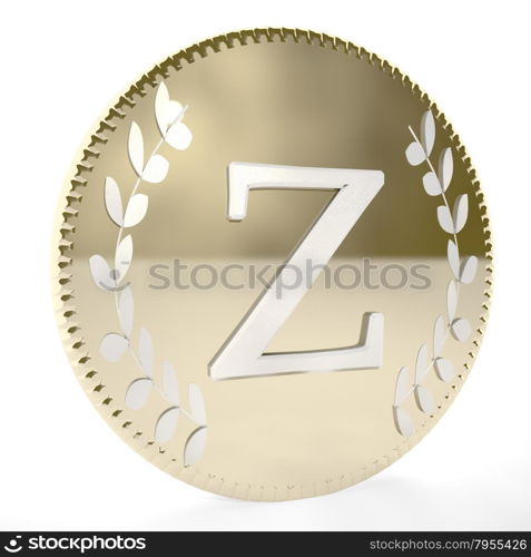 Golden coin with Z letter and laurel leaves, white background, 3d render, square image
