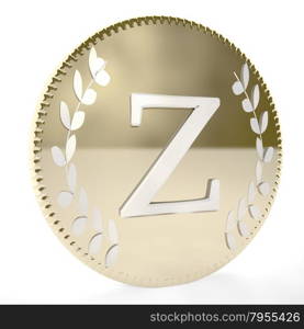 Golden coin with Z letter and laurel leaves, white background, 3d render, square image