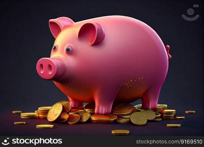 golden coins and pig pink piggy bank illustration Generative AI.
