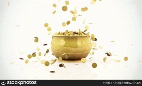 Golden coins falling into a golden pot