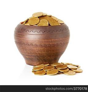Golden coins in ceramic pot, isolated