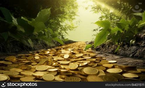 Golden coins on the ground in the forest with sun light and green leaf background