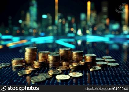 Golden coins stack on bokeh city light background, business finance and banking concept idea.
