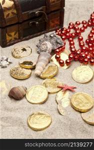 golden coins with marine treasures background or texture. golden coins with marine treasures
