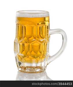 Golden colored beer in glass stein. Isolated on white with reflection.