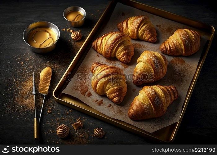 golden croissants on baking tray for breakfast, created with generative ai. golden croissants on baking tray for breakfast