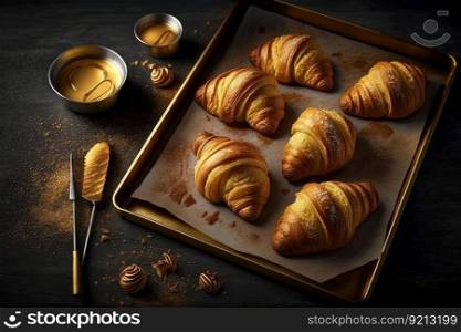 golden croissants on baking tray for breakfast, created with generative ai. golden croissants on baking tray for breakfast