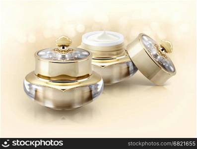 Golden crown cosmetic jar on glitter background