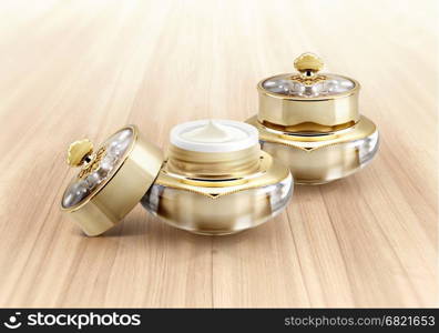 Golden crown cosmetic jar on wood background