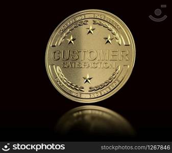 Golden customer satisfaction medal over black background. Concept of Customer Relationship Management. 3D illustration. Excellent Customer Satisfaction, Award over Black Background