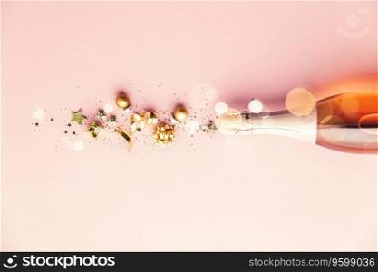 Golden decoration of ribbon, stars, Christmas balls and confetti flying from bottle of champagne. Flat lay. Festive concept.