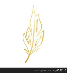 Golden decorative bird feather isolated vector illustration. Gold symbol of writing and literature. Decoration clipart for postcard, invitation and design. Golden decorative bird feather isolated vector illustration