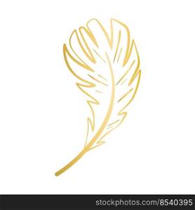 Golden decorative feather for creating invitations and cards. Simple outline gold feather isolated vector illustration. Elegant sketch symbol of poetry. Golden decorative feather for creating invitations and cards