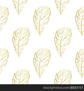 Golden decorative feathers seamless pattern vector illustration. Repeat gold feather background. Print for textile, packaging, paper, wallpaper and design. Golden decorative feathers seamless pattern vector illustration