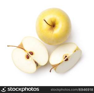 Golden delicious apples isolated on white background. Top view