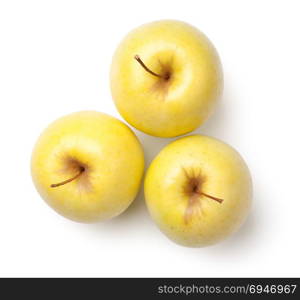 Golden delicious apples isolated on white background. Top view