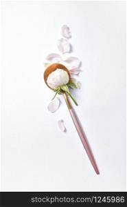 Golden dessert spoon with fresh natural organic rose flower in it and tender petals on a light grey background, copy space. Valentine&rsquo;s day greeting card.. Golden long spoon with rose flower.