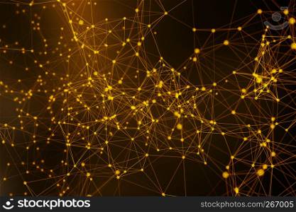 Golden digital data and network connection triangle lines and spheres in futuristic technology concept on black background, 3d abstract illustration