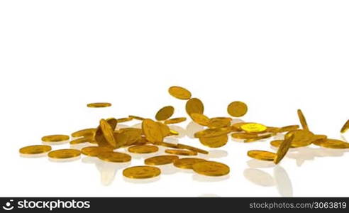 Golden dollar coins fall on white background