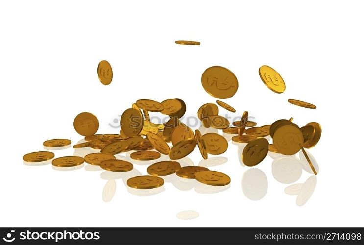 Golden dollar coins on white background - 3d rendered image