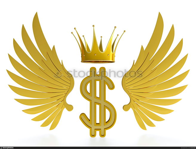 Golden dollar symbol with wings and crown on white background