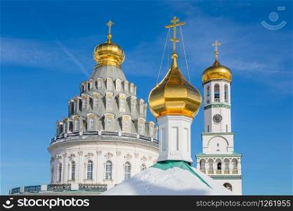 Golden domes of Voskresensky cathedral in Resurrection or New Jerusalem Monastery, Istra, Moscow region