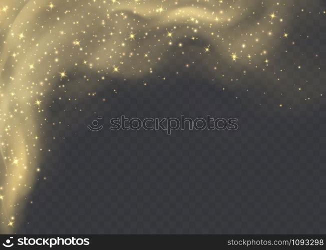 Golden dust cloud with sparkles isolated on transparent background. Stardust sparkling background. Glowing glitter smoke or splash. Vector illustration.. Golden dust cloud with sparkles isolated on transparent background. Stardust sparkling background.