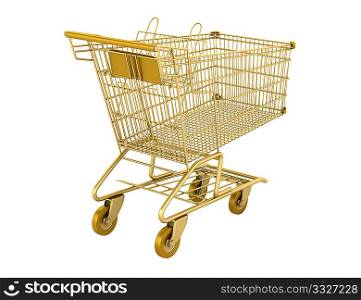 golden empty shopping cart isolated on white background