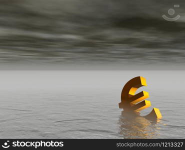 Golden euro drowning in the grey sea by stormy weather. Euro crisis