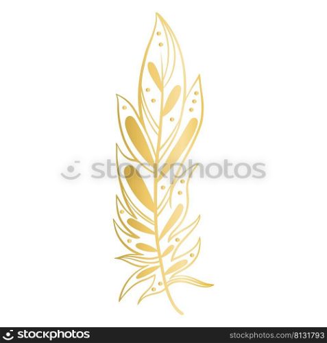 Golden feather graceful beautiful decoration isolated vector illustration. Ornate painted bird feather for design. Silhouette boho element. Calligraphic symbol of writing and literature. Golden feather graceful beautiful decoration isolated vector illustration