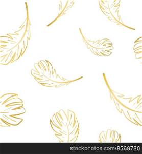Golden feathers flying seamless pattern. Beautiful gold feathers on white background. Graceful print for wallpaper, packaging, textile and design vector illustration. Golden feathers flying seamless pattern