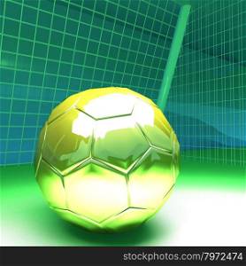 Golden Football near the net, 3d render, square image
