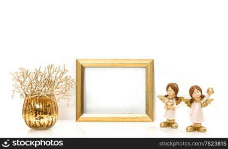 Golden frame and Christmas decorations Angel with space for your picture or text