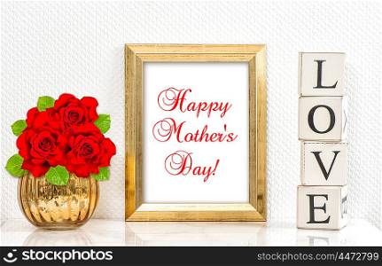 Golden frame and red roses. Mock up with space for your picture. Sample text Happy Mothers Day!