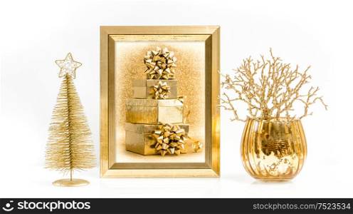 Golden frame, Christmas decorations and ornaments. Greetings card concept