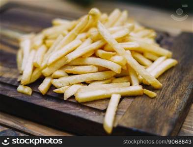 Golden French fries potatoes on a wooden cutting board. Selective focus.