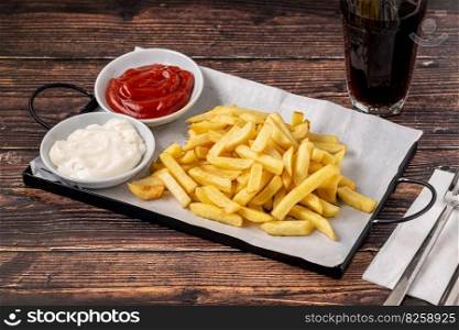 Golden French fries with ketchup and mayonnaise on wooden table