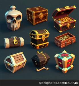 golden game treasure chest ai generated. pirate money, wooden old, wood full golden game treasure chest illustration. golden game treasure chest ai generated