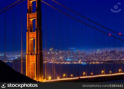 Golden Gate Bridge San Francisco sunset view through cables in California USA
