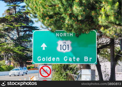 Golden Gate bridge sign in San Francisco on a sunny day