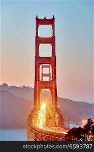 Golden Gate Bridge view from Golden Gate Overlook at sunset, San Francisco, California, USA