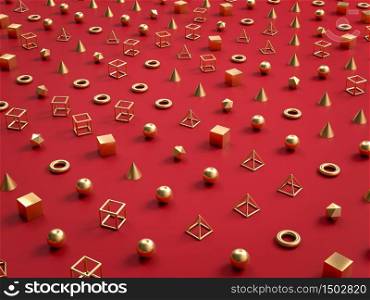 Golden geometrical shapes and forms on red apper background. 3d illustration. Perfect illustration for placing your text or object. Backdrop with copyspace in minimalistic style. May use in cosmetics or fashion. Golden geometrical shapes and forms on red apper background. 3d render. Perfect illustration for placing your text or object. Backdrop with copyspace in minimalistic style. May use in cosmetics or fashion
