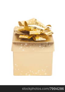 Golden gift box with golden ribbon isolated white background
