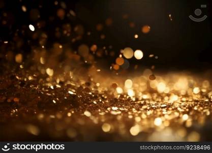 Golden glitter particles flying in the air with defocused Twinkly Lights and grunge background. Shiny texture for Christmas and luxury party. AI Generative.